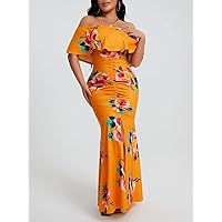 Summer Dresses for Women 2023 Floral Print Off Shoulder Ruched Slit Mermaid Hem Dress (Color : Orange, Size : X-Small)