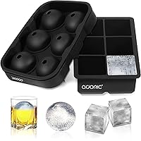 Ice Cube Tray, Large Square Ice Tray and Sphere Ice Ball Maker with Lid for Whiskey, Reusable and BPA Free (Silicone Ice Cube Molds Set of 2)