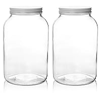 kitchentoolz 1 Gallon Glass Jar with Lid Wide Mouth Large Mason, Leak Proof Airtight Metal Lid for Fermenting Kombucha Kefir Kimchi, Canning, Egg Water Glassing, & Preserving Pack of 2