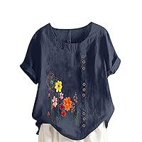 Women's Cotton Linen Shirts 2024 Trendy Floral Print Summer Tops Casual Short Sleeve Tees Loose Fit Comfy Dressy Blouses