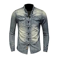 Fashion Long Sleeve Stand Collar Denim Shirt,Men's Slim Soft Comfortable Motorcycle Style Streetwear Blue Thin Coat