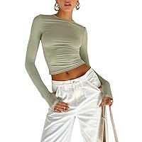 Women Long Sleeve Crew Neck Crop Tops Casual Slim Cropped Tee Tops Mock Neck Basic Fitted Tee Shirts Y2K Streetwear