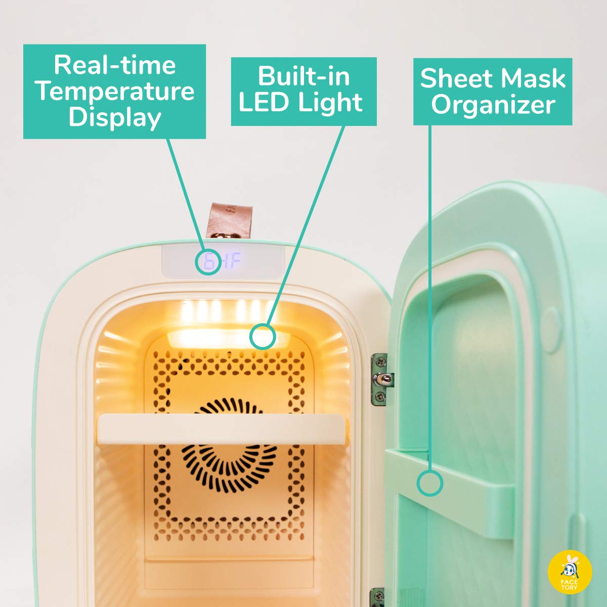 FACETORY Mint Skincare Fridge- Ice Cream Series- 5 Liters with LED Light, Temperature Display, Silent Mode for Dorm Room, Bedroom, Office