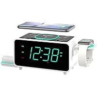 Smartset Dual Alarm Clock FM Radio with Wireless Charging, Bluetooth Speaker, Ultra Fast Charging for Airpods/iPhone, Foldable Stand, USB Charger, Adjustable LED Glow, ER100501