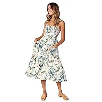 Women Casual Bohemian Floral Dresses Spaghetti Strap Long Summer Swing Dress Strappy Backless Maxi Dress with Pockets