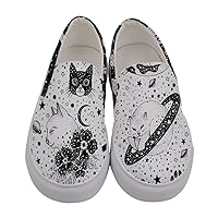 Women's Flat Sneakers Black & White Space Kitty Cat Pattern Casual Canvas Slip Ons, US5.5