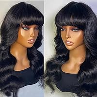 Wear And Go Full Machine Made Wig Scalp Top Brazilian Remy Human Hair Wig With Bangs Body Wave Natural Color for Black Woman (150% Density, 8inch)