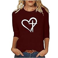 Easter Shirts for Women Christian Religious Blouse 3/4 Sleeve Crewneck Pullover Funny Jesus Cross Graphic Tee Heart Print Top