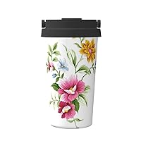 Hand Painted Flower Print Thermal Coffee Mug,Travel Insulated Lid Stainless Steel Tumbler Cup For Home Office Outdoor