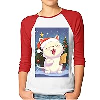 Women's 3/4 Sleeve Shirts Baseball Tee Cute Cat Sing Christmas Carols Raglan Shirts Casual Tops Comfy Blouses