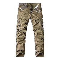 Men's Cotton Multi Pockets Pants Solid Loose Fit Outdoor Cargo Pants Casual Tactical Combat Trousers No Belt