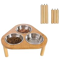 Raised Cat Bowls with Stand Feeder, Elevated Bamboo Stand with 3 Stainless Still Bowls and Removable Feet. (Stainless Still Bowls)