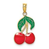 14k Gold Enamel Cherries With Stem and Leaf 2 d Charm Pendant Necklace Measures 16.55x12.3mm Wide 1.55mm Thick Jewelry for Women