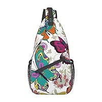 White Floral Pattern Colorful Butterflies pint Unisex Chest Bags Crossbody Sling Backpack Lightweight Daypack for Travel Hiking