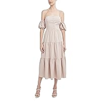 BCBGMAXAZRIA Women's Fit and Flare Off The Shoulder Spaghetti Strap Smocked Bodice Midi Dress