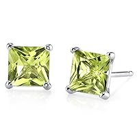 Peora Solid 14K White Gold Peridot Stud Earrings for Women, Genuine Gemstone Birthstone Classic Solitaire Princess Cut, 6mm, 2 Carats total, Friction Back