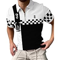 Men's Short Sleeve Zipper Polo Shirt Casual Slim Fit Printed Golf Polo Shirt Tops Vintage Lapel Collar Workout Top