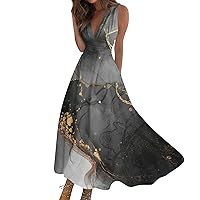 Flowy Dresses for Women Trendy Marble Print V Neck Maxi Dresses Summer Casual Swing Dress Elegant A Line Dresses
