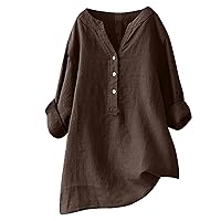 Casual 3/4 Sleeve Linen Button Up Shirts Womens Summer V Neck Linen Tunic Lightweight Loose Fit Plus Size Work Blouse