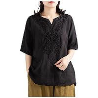Womens T Shirts Short Sleeve Tees Loose Tops Women's Cotton Linen V Neck Embroidered Top Retro Vintage Blouse