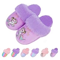 Girls Mermaid Fluffy House Slippers,Toddler Faux Fur Cozy Plush No-Slip Home Slippers with Memory Foam House Shoes for Kids Bedroom Indoor