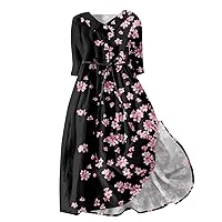Long Sleeve Dress for Women 2024 3/4 Sleeve Maxi Casual Flowy Floral Printed Lapel Collar Button Straps Sundress