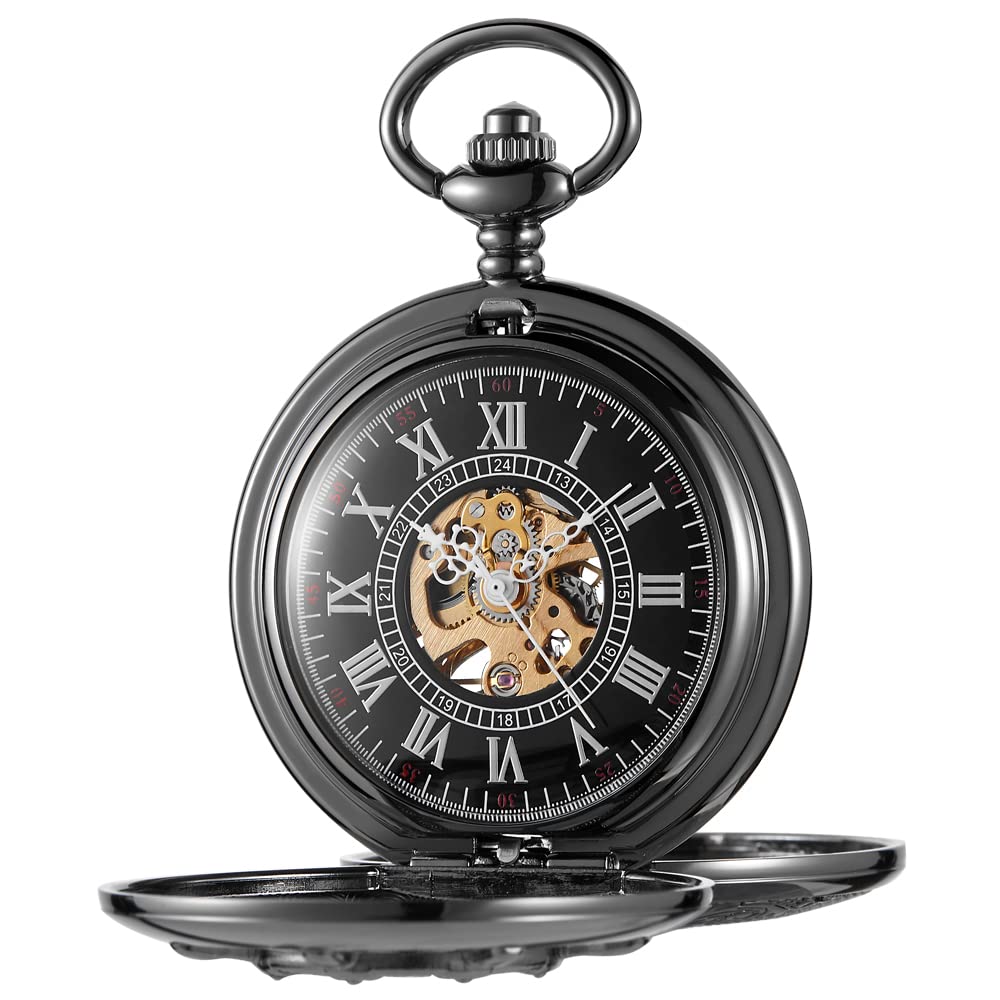Whodoit Black and Silver Mechanical Pocket Watch Roman Numeral Dial Men's Mechanical Pocket Watch Strap Chain + Box