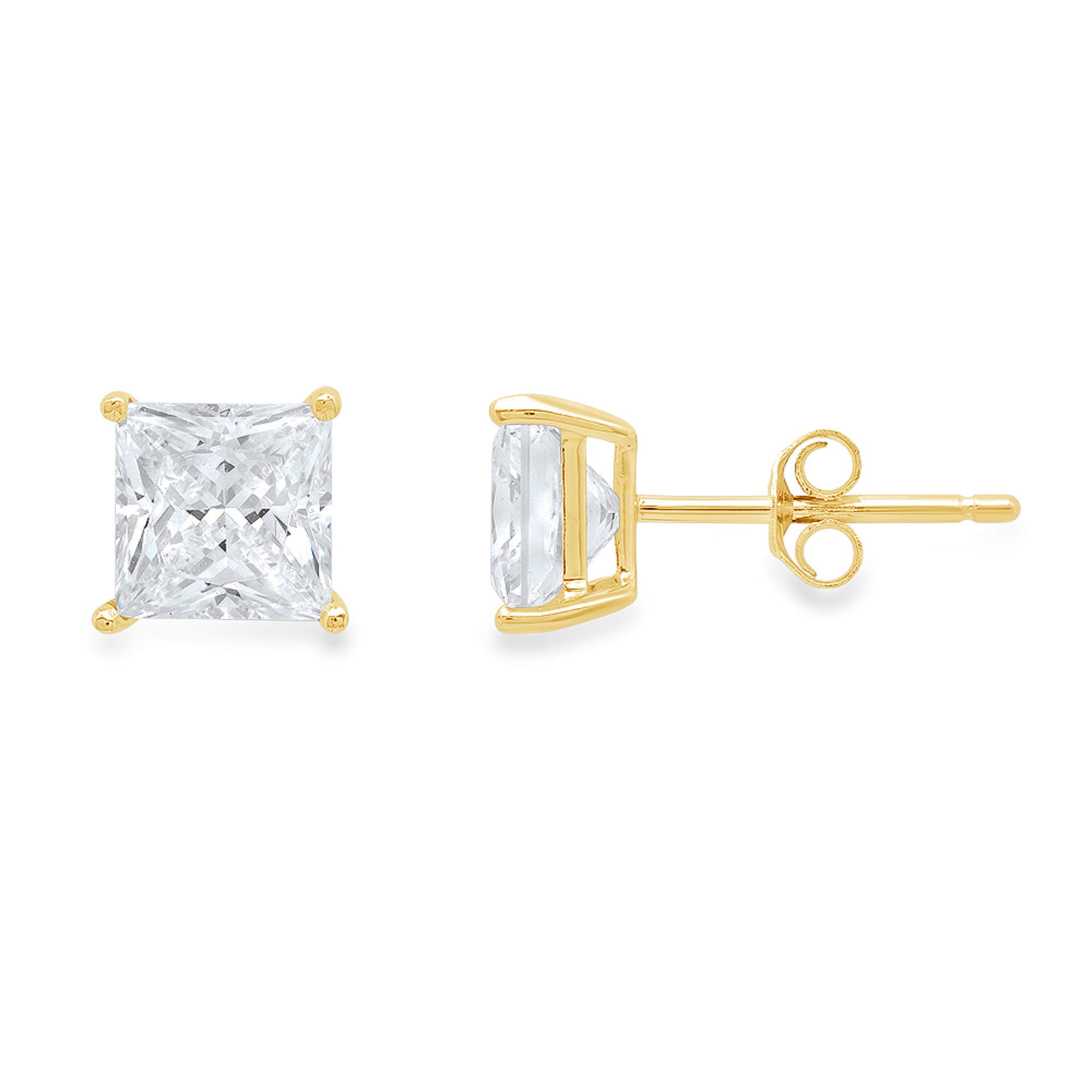 3.9ct Princess Cut Solitaire Genuine White Created Sapphire Unisex Designer Stud Earrings Solid 14k Yellow Gold Push Back conflict free Jewelry