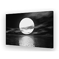 Cao Gen Decor Art S06469 Wall Art Canvas Sea White Full Moon in Night Picture Canvas Poster Print Black and White Ocean for Living Room Bedroom Kitchen Home Decorations Framed Artwork