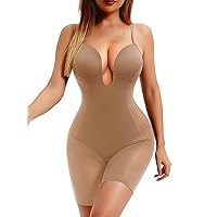 Decorus Women's Low Back Full Deep Plunge Strapless Bodysuit Mid Thigh Backless Shapewear Tummy Control Shaping Body Shaper