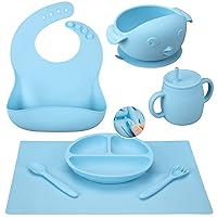 Baby Led Weaning Supplies, 7 Pcs Silicone Toddler Feeding Utensils - Adjustable Bibs, Suction Divided Plate, Placemat, Spoon, Fork, Suction Bowls, Straw Sippy Cup - Aids Self Feeding Kit