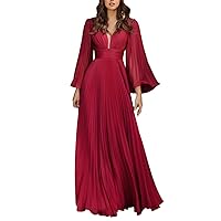 Women Casual Dresses 2023 Summer Women Elegant Solid Color Deep V Flare Long Sleeve Maxi Dress Evening Party