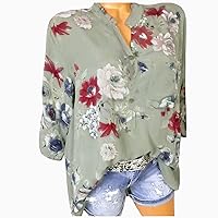 Women Boho Flower Button V Neck Long Sleeve Tops Summer Comfy Elegant Casual Loose Pullover Blouses for Streetwear