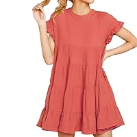 Joteisy Women’s Summer Ruffle Sleeve Round Neck Loose Fit Casual Swing Short Mini Dress