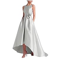 Women's Satin Hi-Low Prom Dress with Pockets Crew Neck A Line Formal Dress Backless Cocktail Evening Dress