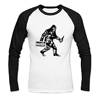 Thomas J Pelletier Men's Sasquatch Bigfoot Drinking Beer Long Sleeve Baseball Shirt M White