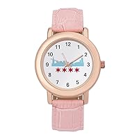 Chicago Flag Buildings Skyline PU Leather Strap Watch Wristwatches Dress Watch for Women