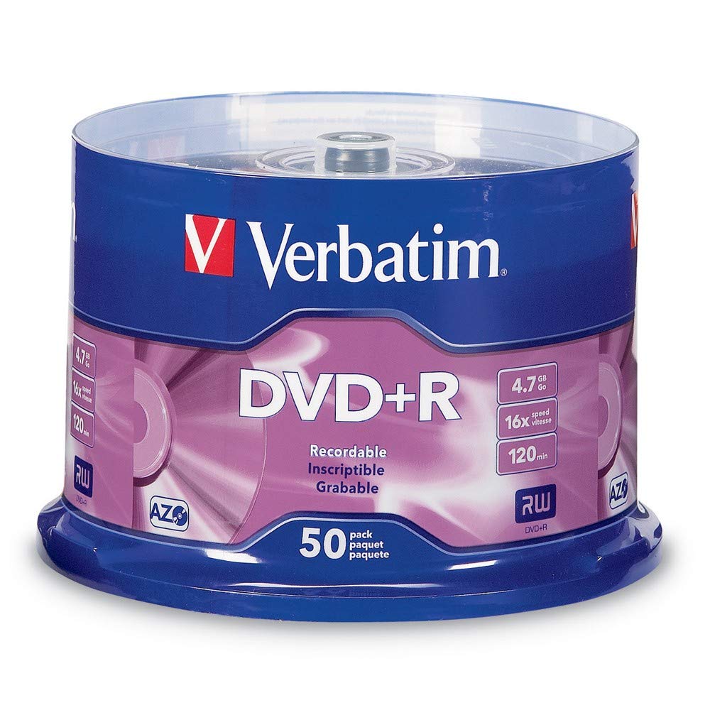 Verbatim DVD+R Blank Discs AZO Dye 4.7GB 16X Recordable Disc - 50 Discs Spindle