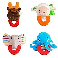 Pack of 4, Moose, Lamb, Elephant, & Octopus Combo Teether for Babies, 0-2.5yrs Baby Toys, Easy to Hold, Soft, Natural Organic Freezer Safe Teethers, Silicone BPA Free Baby Teething Toys