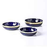 Stone Lain Florian Porcelain 3-Piece Round Shallow Bowl Service Set, Blue with Gold RIm