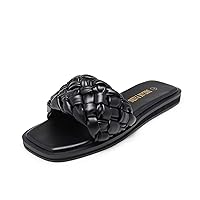 DREAM PAIRS Women's Square Open Toe Slide Sandals Cute Slip on Braided Strap Rhinestone Flat Sandals for Summer