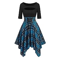 Workout Dress for Women Plaid Printing Sexy Lapel Long Sleeve Dress Single Breasted Plaid Panel Dress for Party