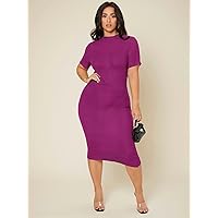 Plus Women's Dress Plus Lettuce Trim Rib Knit Bodycon Dress (Color : Purple, Size : XX-Large)