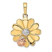 14k Yellow Gold w/White & Pink Rhodium-Plating Shiny-Cut Ladybug on Flower Pendant