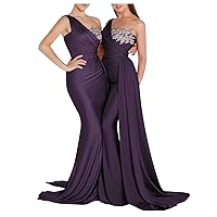 One Shoulder Beaded Bridesmaid Dresses for Women Long Satin Mermaid Ruched Formal Party Dress with Train YK510