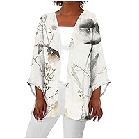 Women Floral Print Lightweight Chiffon Kimono Cardigan Puff Sleeve Loose Summer Beach Wear Cover Up Blouse Top