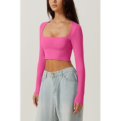 QINSEN Women's Sexy Square Neck Crop Top Long Sleeve Slim Fit