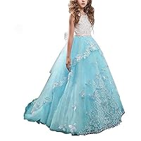 VeraQueen Girl's Lace Beaded Pageant Dress with Bow Cap Sleeves Flower Dress Kids Sky Blue