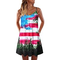 XJYIOEWT Summer Dresses for Women 2024 Vacation Trendy with Sleeves,Independence Day for Women's 4 of July Printed Boho