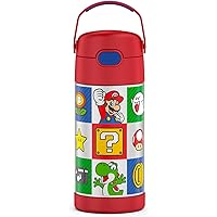 THERMOS FUNTAINER Water Bottle with Straw - 12 Ounce, Super Mario Brothers - Kids Stainless Steel Vacuum Insulated Water Bottle with Lid